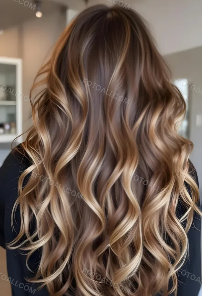 A Young Caucasian Woman With Long Wavy Brown Hair Featuring Blonde Highlights The Hair Has A Natural Sun Kissed Appearance With A Mix Of Warm And Cool Tones 1 3ad8