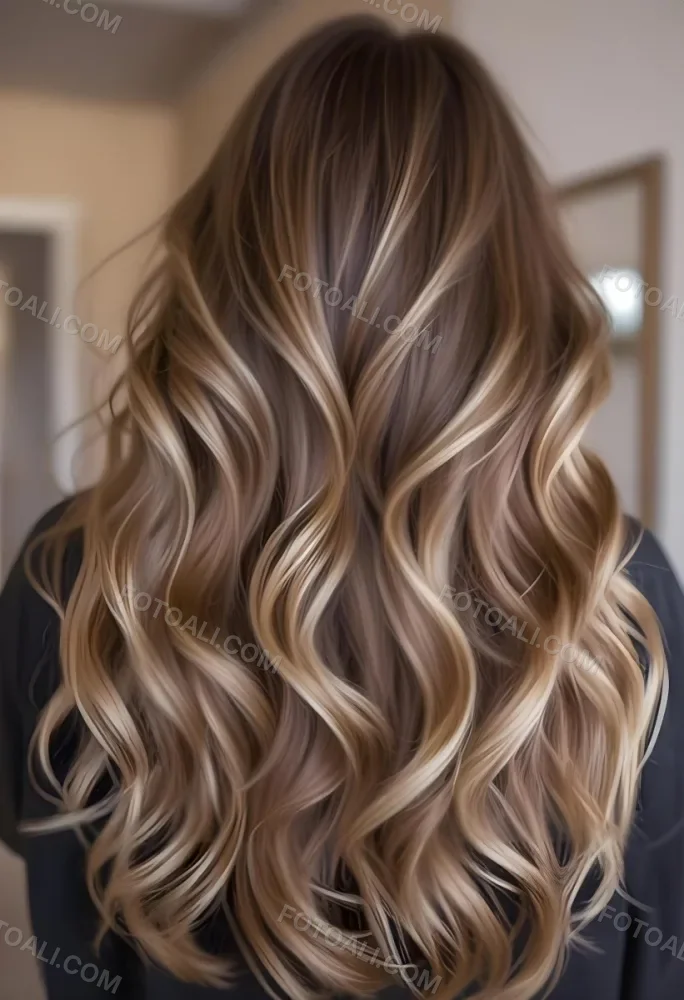 A Young Caucasian Woman With Long Wavy Brown Hair Featuring Blonde Highlights The Hair Has A Natural Sun Kissed Appearance With A Mix Of Warm And Cool Tones 11 B5d9