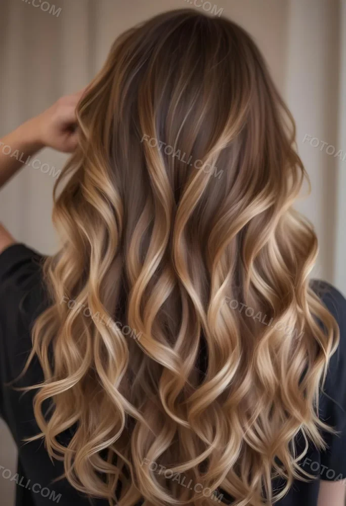 A Young Caucasian Woman With Long Wavy Brown Hair Featuring Blonde Highlights The Hair Has A Natural Sun Kissed Appearance With A Mix Of Warm And Cool Tones 14 A346