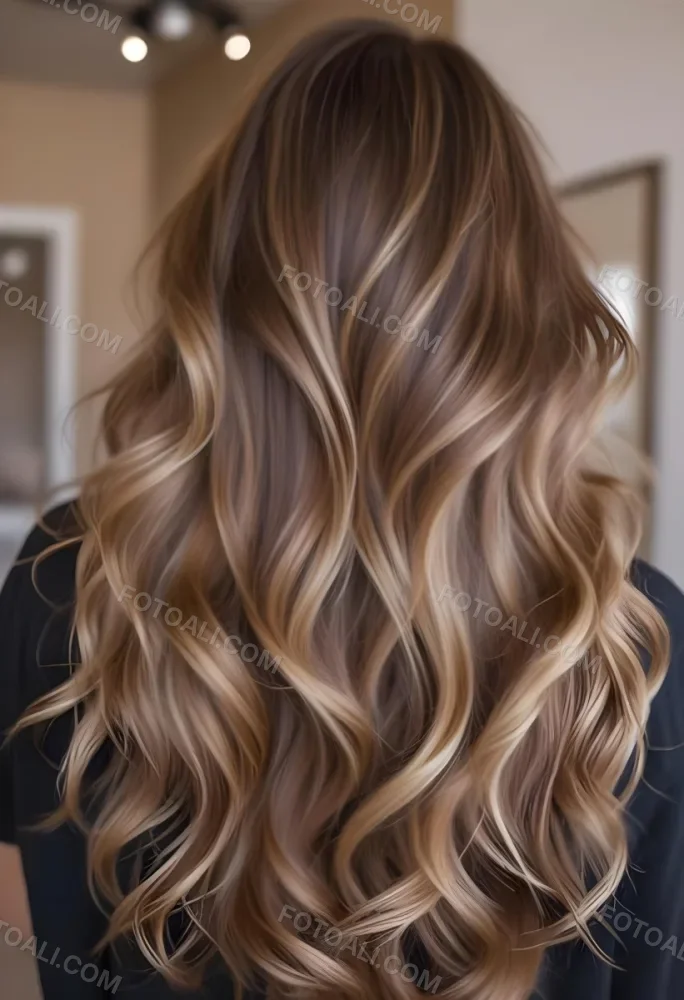 A Young Caucasian Woman With Long Wavy Brown Hair Featuring Blonde Highlights The Hair Has A Natural Sun Kissed Appearance With A Mix Of Warm And Cool Tones 16 467e