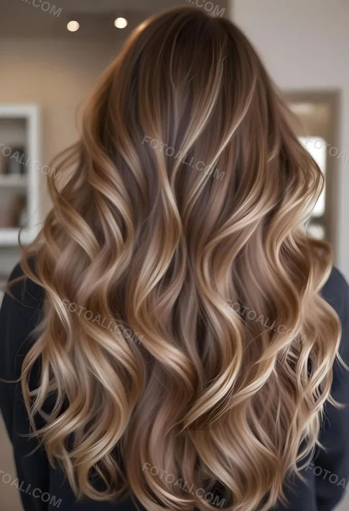 A Young Caucasian Woman With Long Wavy Brown Hair Featuring Blonde Highlights The Hair Has A Natural Sun Kissed Appearance With A Mix Of Warm And Cool Tones 19 722c