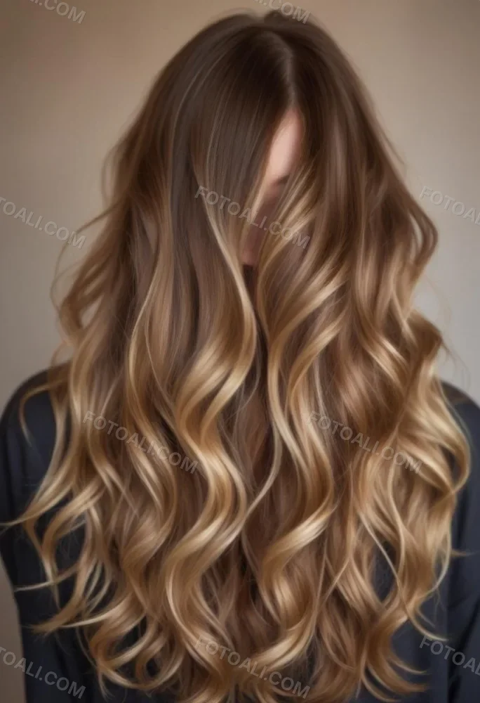 A Young Caucasian Woman With Long Wavy Brown Hair Featuring Blonde Highlights The Hair Has A Natural Sun Kissed Appearance With A Mix Of Warm And Cool Tones 2 3449
