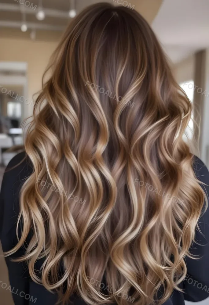A Young Caucasian Woman With Long Wavy Brown Hair Featuring Blonde Highlights The Hair Has A Natural Sun Kissed Appearance With A Mix Of Warm And Cool Tones 2 B106