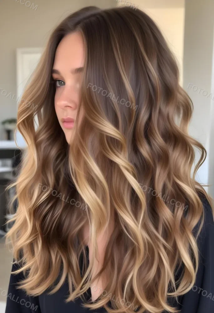 A Young Caucasian Woman With Long Wavy Brown Hair Featuring Blonde Highlights The Hair Has A Natural Sun Kissed Appearance With A Mix Of Warm And Cool Tones 3 5ca4