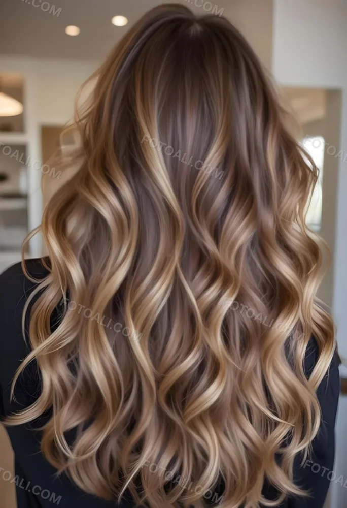 A Young Caucasian Woman With Long Wavy Brown Hair Featuring Blonde Highlights The Hair Has A Natural Sun Kissed Appearance With A Mix Of Warm And Cool Tones 4 Dbe8