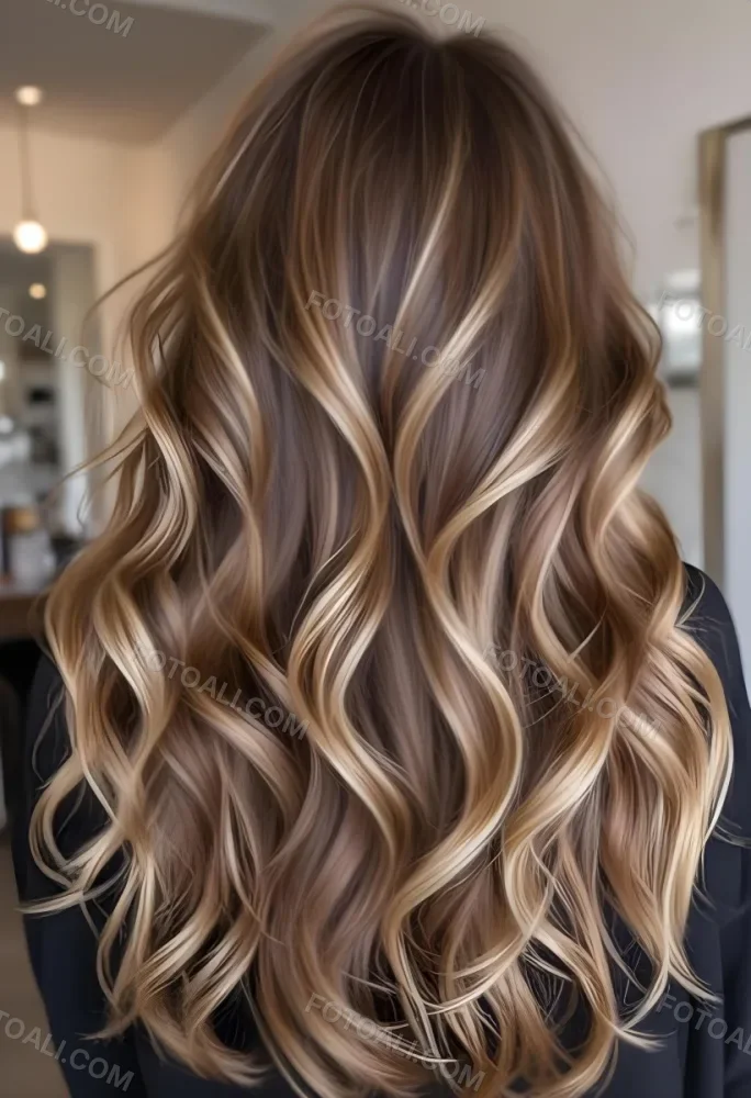 A Young Caucasian Woman With Long Wavy Brown Hair Featuring Blonde Highlights The Hair Has A Natural Sun Kissed Appearance With A Mix Of Warm And Cool Tones 6 F34c