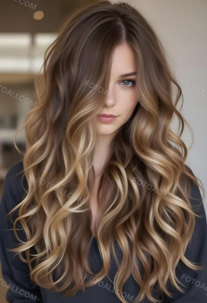 A Young Caucasian Woman With Long Wavy Brown Hair Featuring Blonde Highlights The Hair Has A Natural Sun Kissed Appearance With A Mix Of Warm And Cool Tones 7 C220