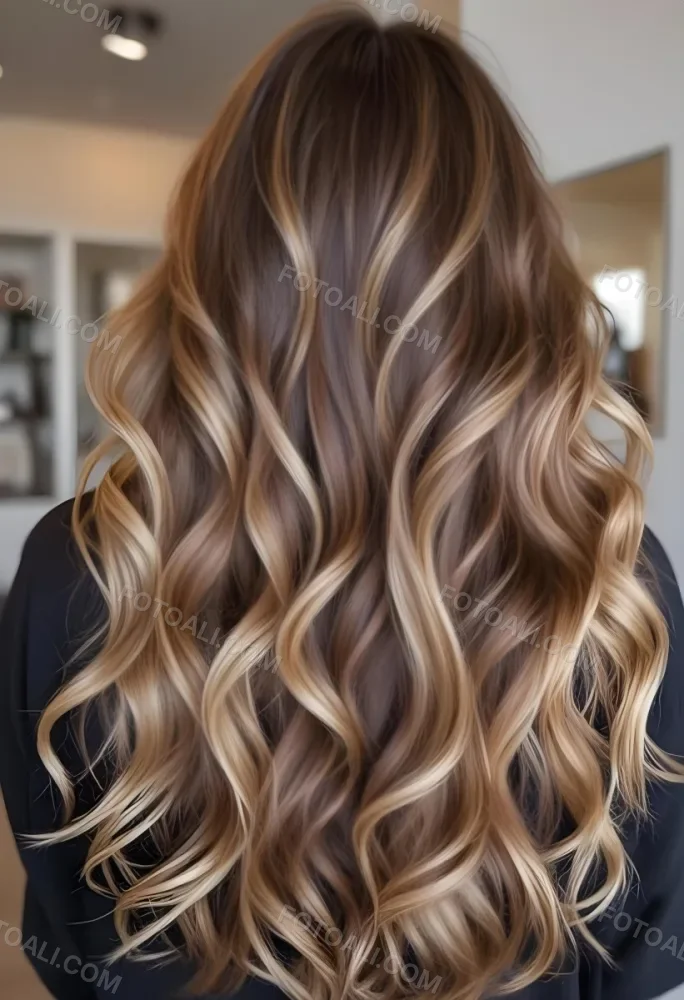 A Young Caucasian Woman With Long Wavy Brown Hair Featuring Blonde Highlights The Hair Has A Natural Sun Kissed Appearance With A Mix Of Warm And Cool Tones 8 0c73