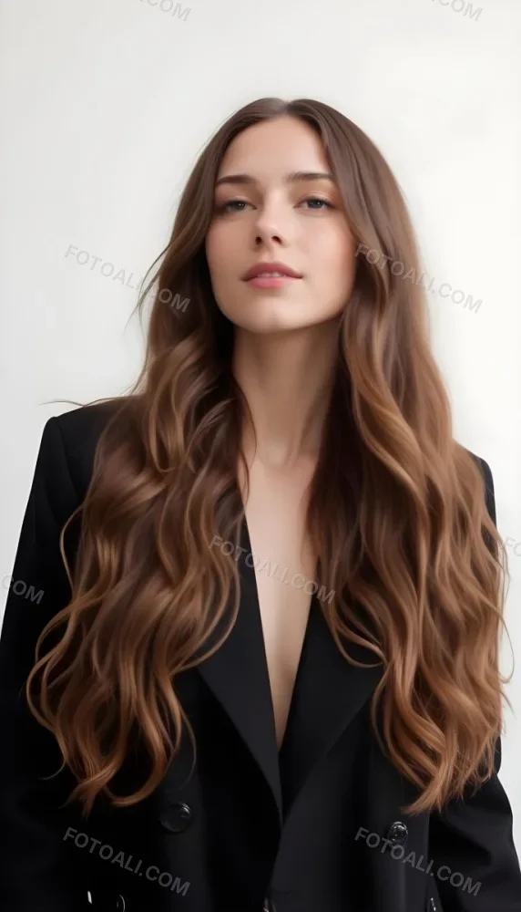 A Young Caucasian Woman With Long Wavy Brown Hair Wearing A Black Jacket 1 B7b9