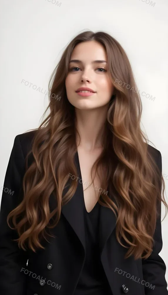 A Young Caucasian Woman With Long Wavy Brown Hair Wearing A Black Jacket 2 Af84