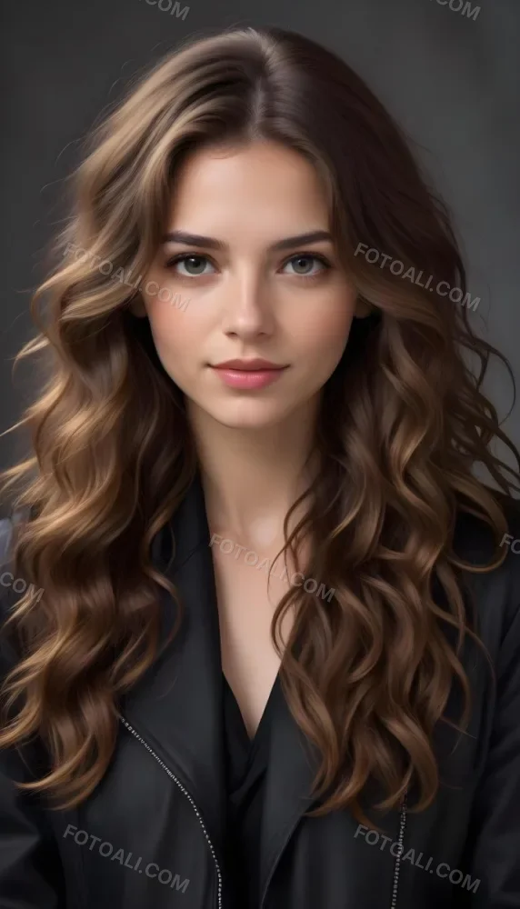 A Young Caucasian Woman With Long Wavy Brown Hair Wearing A Black Jacket 3 5fef
