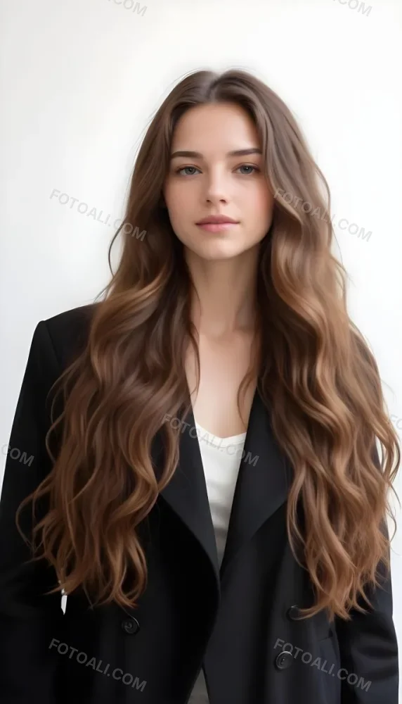 A Young Caucasian Woman With Long Wavy Brown Hair Wearing A Black Jacket 5 0d0a