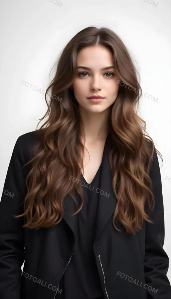 A Young Caucasian Woman With Long Wavy Brown Hair Wearing A Black Jacket 7 5f08