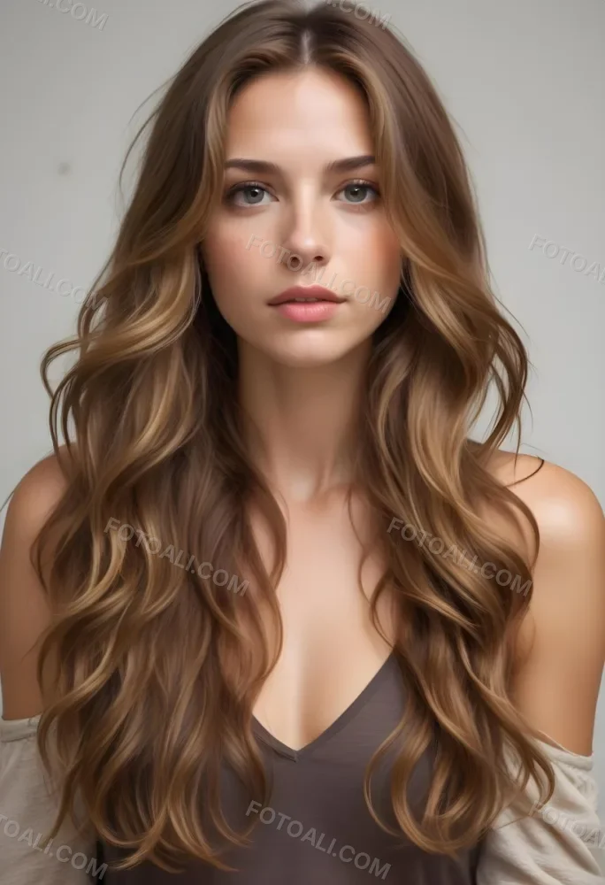 A Young Caucasian Woman With Long Wavy Light Brown Hair And Highlights She Has A Neutral Facial Expression And Is Wearing A Low Cut Top Revealing Her Shoulders 58 0dfc