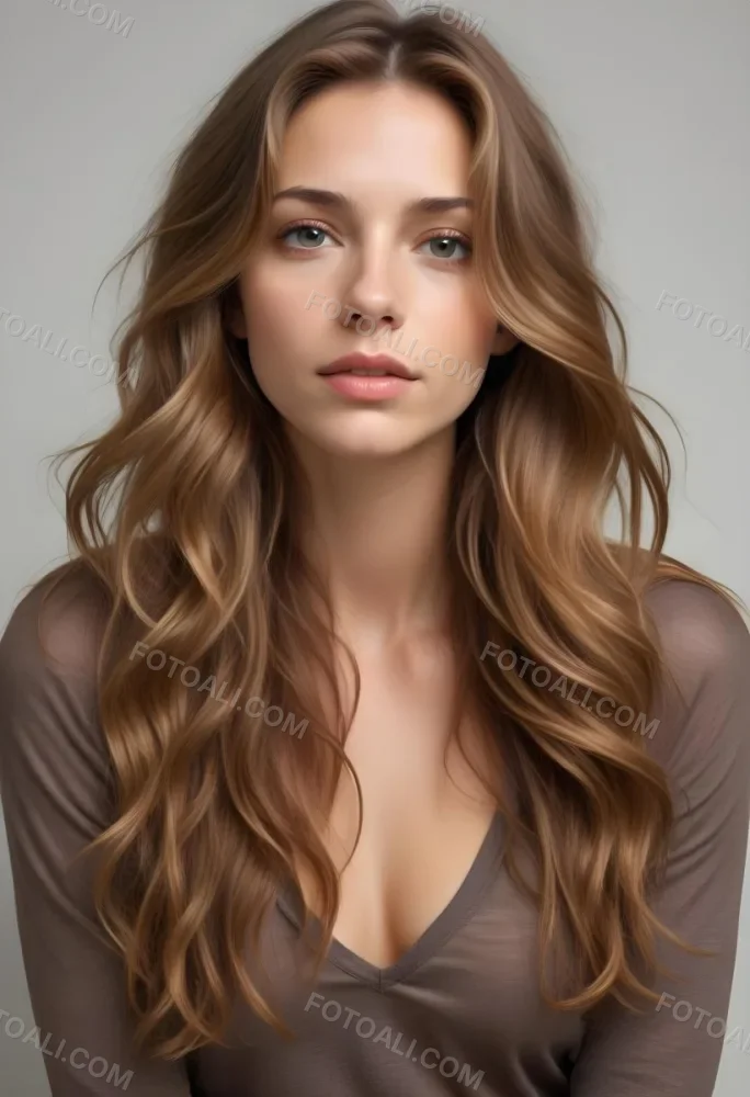 A Young Caucasian Woman With Long Wavy Light Brown Hair And Highlights She Has A Neutral Facial Expression And Is Wearing A Low Cut Top Revealing Her Shoulders 64 A861
