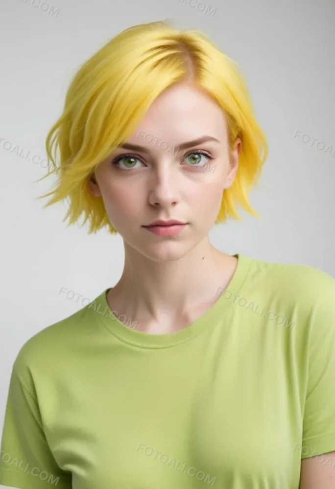 A Young Caucasian Woman With Short Bright Yellow Hair And Green Eyes Wearing A Yellow Shirt Against A Plain White Background 1 A081