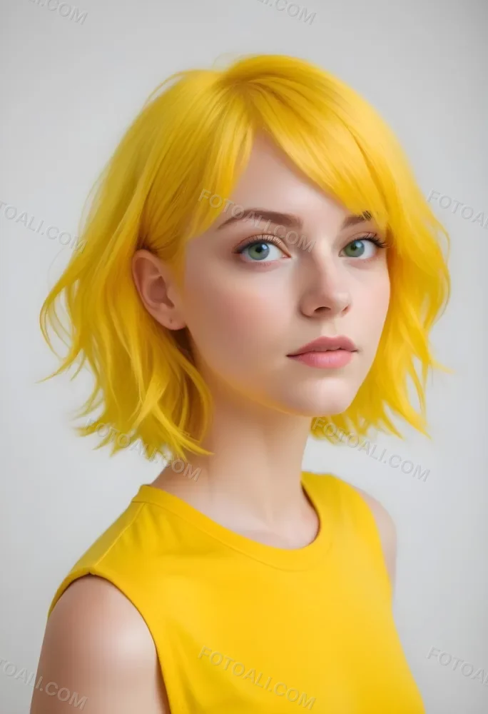 A Young Caucasian Woman With Short Bright Yellow Hair And Green Eyes Wearing A Yellow Shirt Against A Plain White Background 10 A816