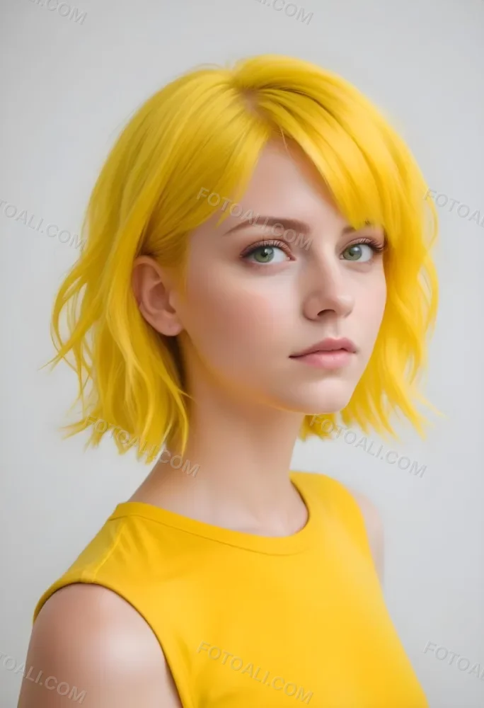 A Young Caucasian Woman With Short Bright Yellow Hair And Green Eyes Wearing A Yellow Shirt Against A Plain White Background 13 88f4