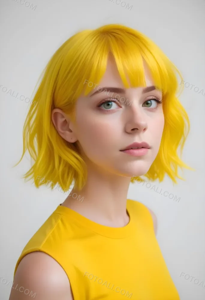 A Young Caucasian Woman With Short Bright Yellow Hair And Green Eyes Wearing A Yellow Shirt Against A Plain White Background 14 B88d