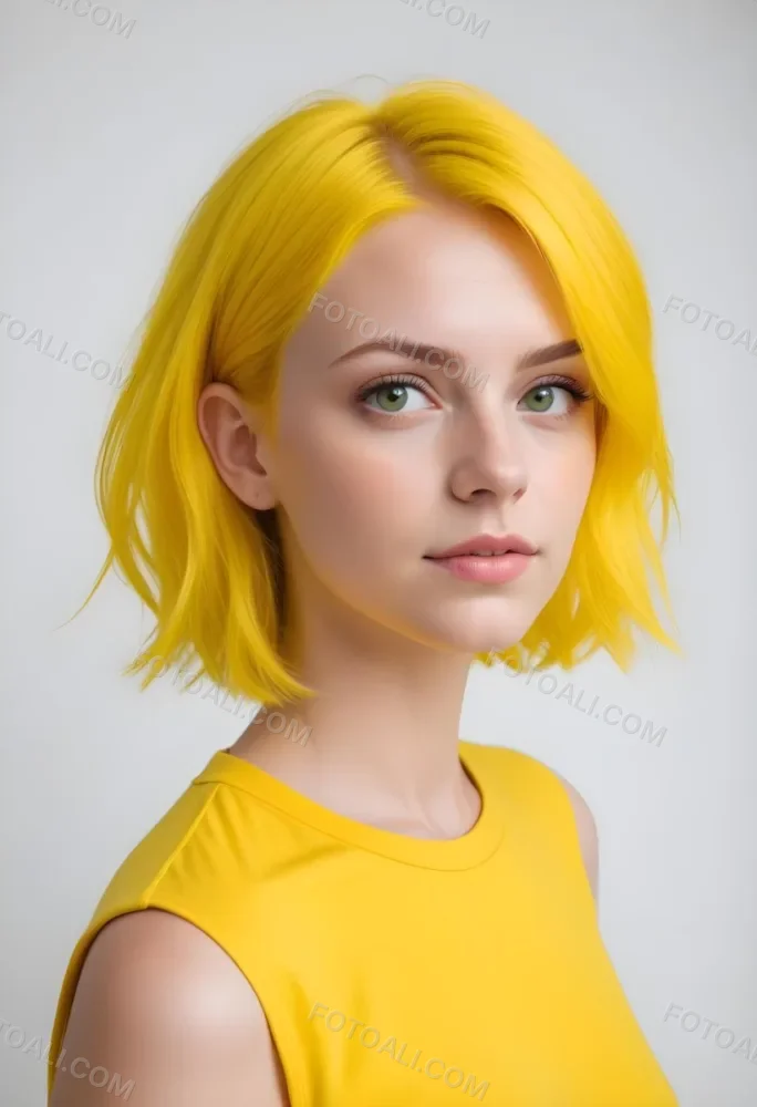 A Young Caucasian Woman With Short Bright Yellow Hair And Green Eyes Wearing A Yellow Shirt Against A Plain White Background 21 9a73