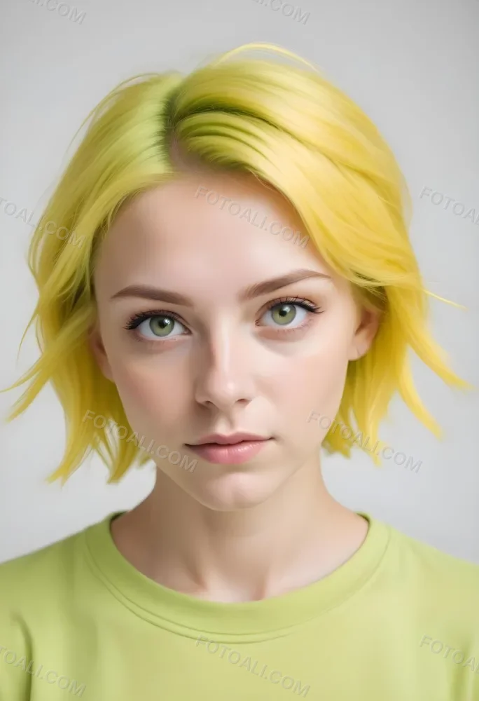 A Young Caucasian Woman With Short Bright Yellow Hair And Green Eyes Wearing A Yellow Shirt Against A Plain White Background 27 885d