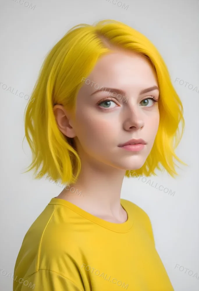 A Young Caucasian Woman With Short Bright Yellow Hair And Green Eyes Wearing A Yellow Shirt Against A Plain White Background 3 9347