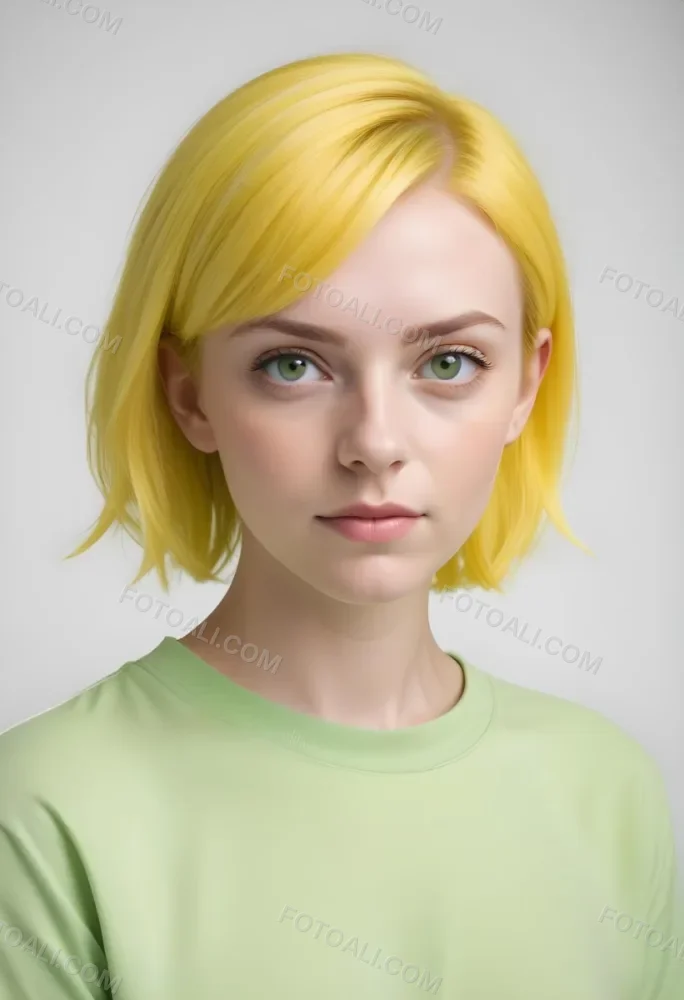 A Young Caucasian Woman With Short Bright Yellow Hair And Green Eyes Wearing A Yellow Shirt Against A Plain White Background 30 6d14