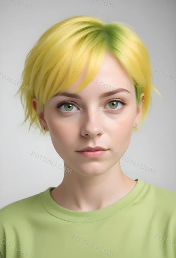 A Young Caucasian Woman With Short Bright Yellow Hair And Green Eyes Wearing A Yellow Shirt Against A Plain White Background 4 0e0d