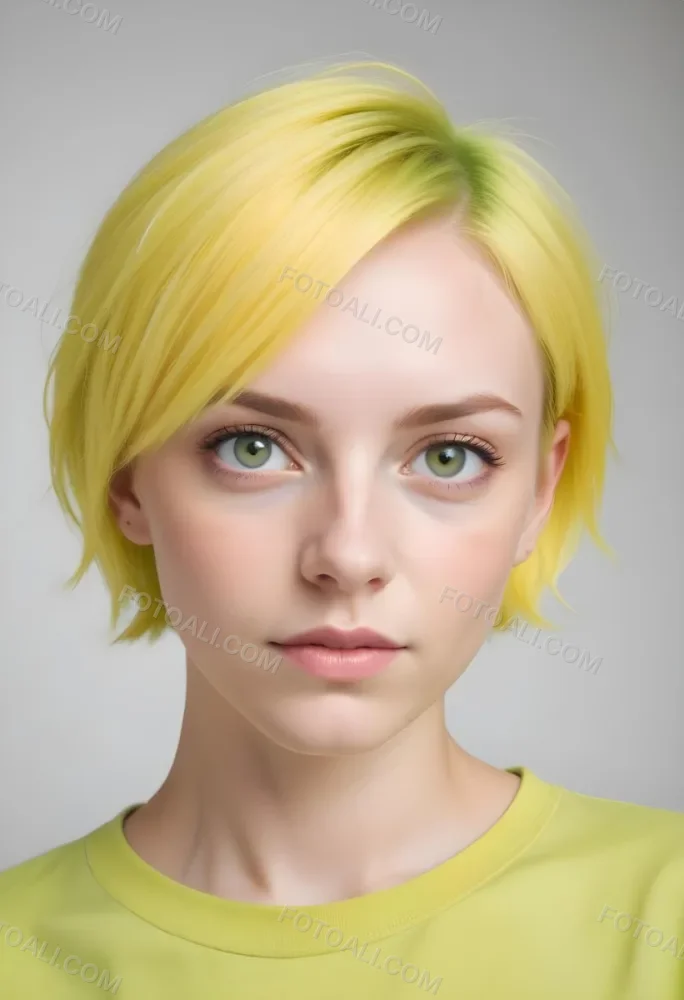 A Young Caucasian Woman With Short Bright Yellow Hair And Green Eyes Wearing A Yellow Shirt Against A Plain White Background 6 A682