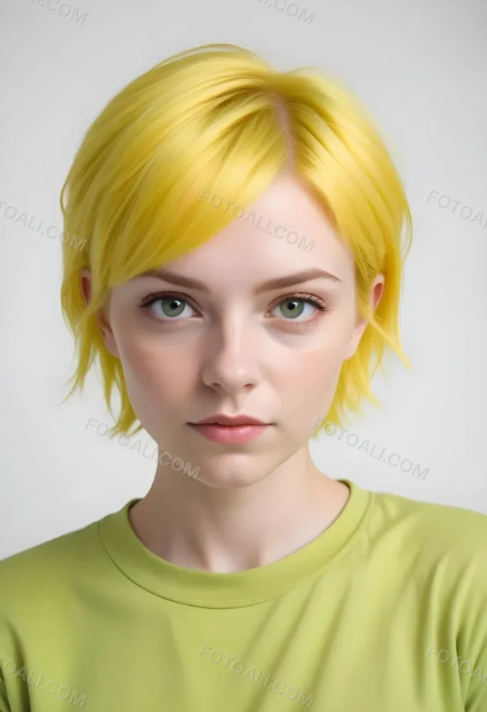 A Young Caucasian Woman With Short Bright Yellow Hair And Green Eyes Wearing A Yellow Shirt Against A Plain White Background 7 B60f