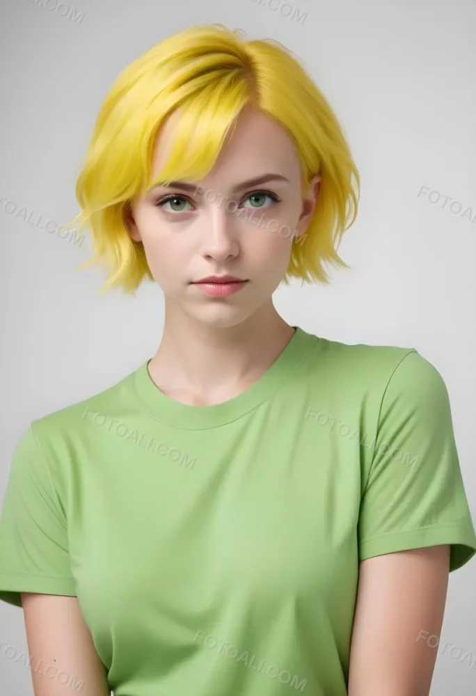 A Young Caucasian Woman With Short Bright Yellow Hair And Green Eyes Wearing A Yellow Shirt Against A Plain White Background 8 Dfbe