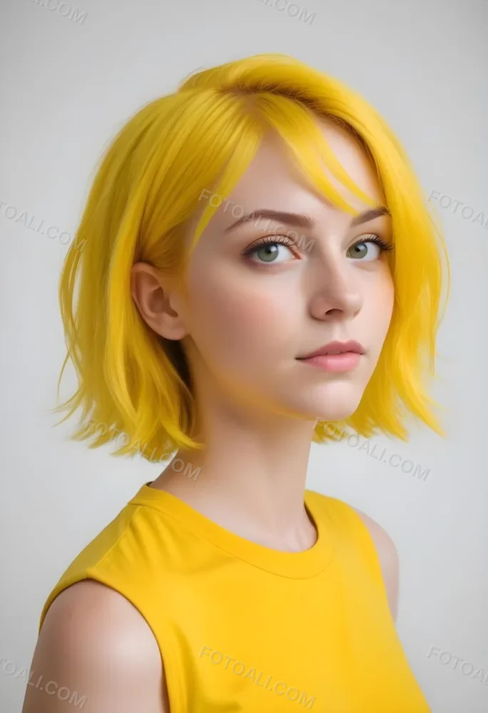 A Young Caucasian Woman With Short Bright Yellow Hair And Green Eyes Wearing A Yellow Shirt Against A Plain White Background 9 E641