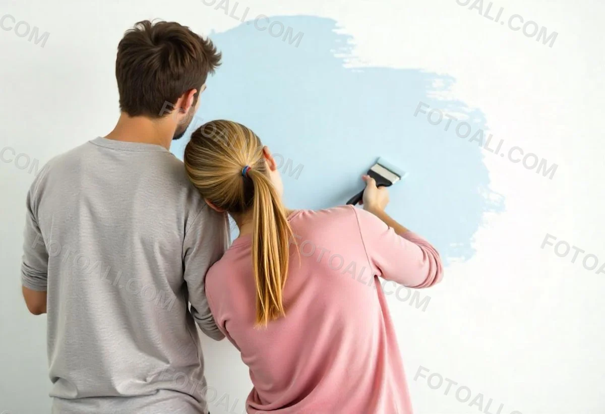 A Young Couple Painting A Wall Together In Their Home The Man Holding A Paint Roller And The Woman Standing Close Behind Her Daytime With Sunlight Streaming In In The Background 1 69c8