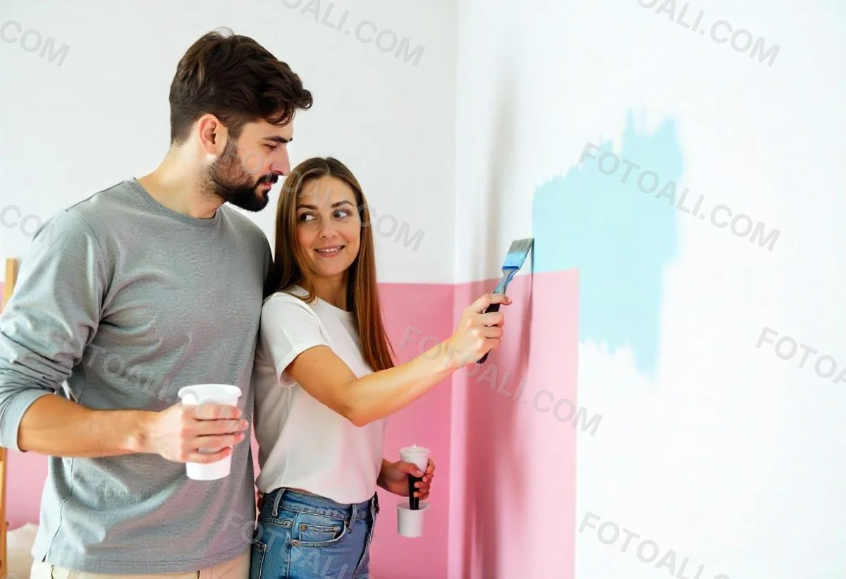 A Young Couple Painting A Wall Together In Their Home The Man Holding A Paint Roller And The Woman Standing Close Behind Her Daytime With Sunlight Streaming In In The Background 2 2842
