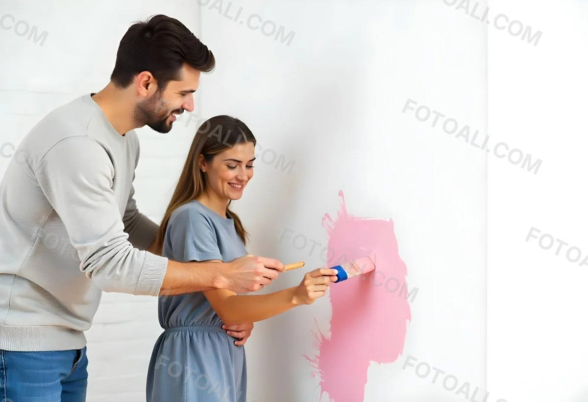 A Young Couple Painting A Wall Together In Their Home The Man Holding A Paint Roller And The Woman Standing Close Behind Her Daytime With Sunlight Streaming In In The Background 2 B59d