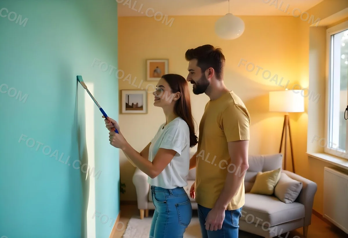 A Young Couple Painting A Wall Together In Their Home The Man Holding A Paint Roller And The Woman Standing Close Behind Her Daytime With Sunlight Streaming In In The Background 3 9f50