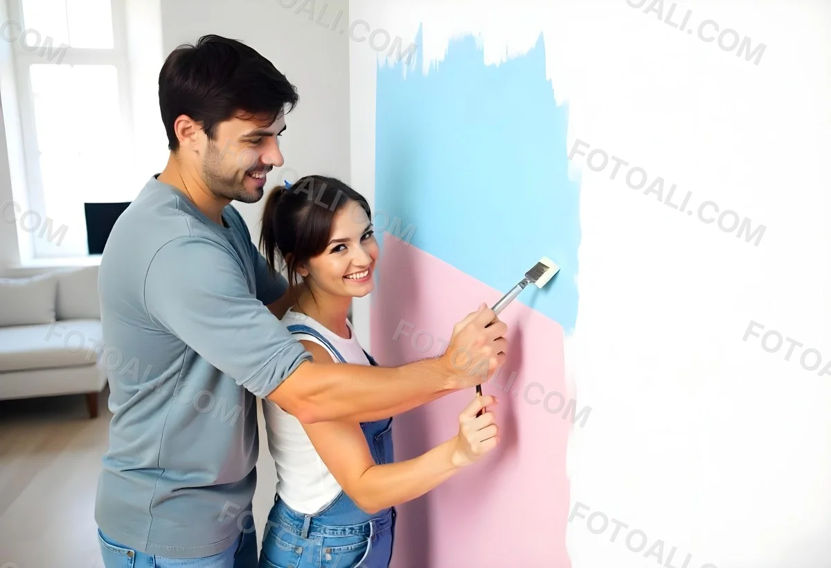 A Young Couple Painting A Wall Together In Their Home The Man Holding A Paint Roller And The Woman Standing Close Behind Her Daytime With Sunlight Streaming In In The Background 4 Cc48