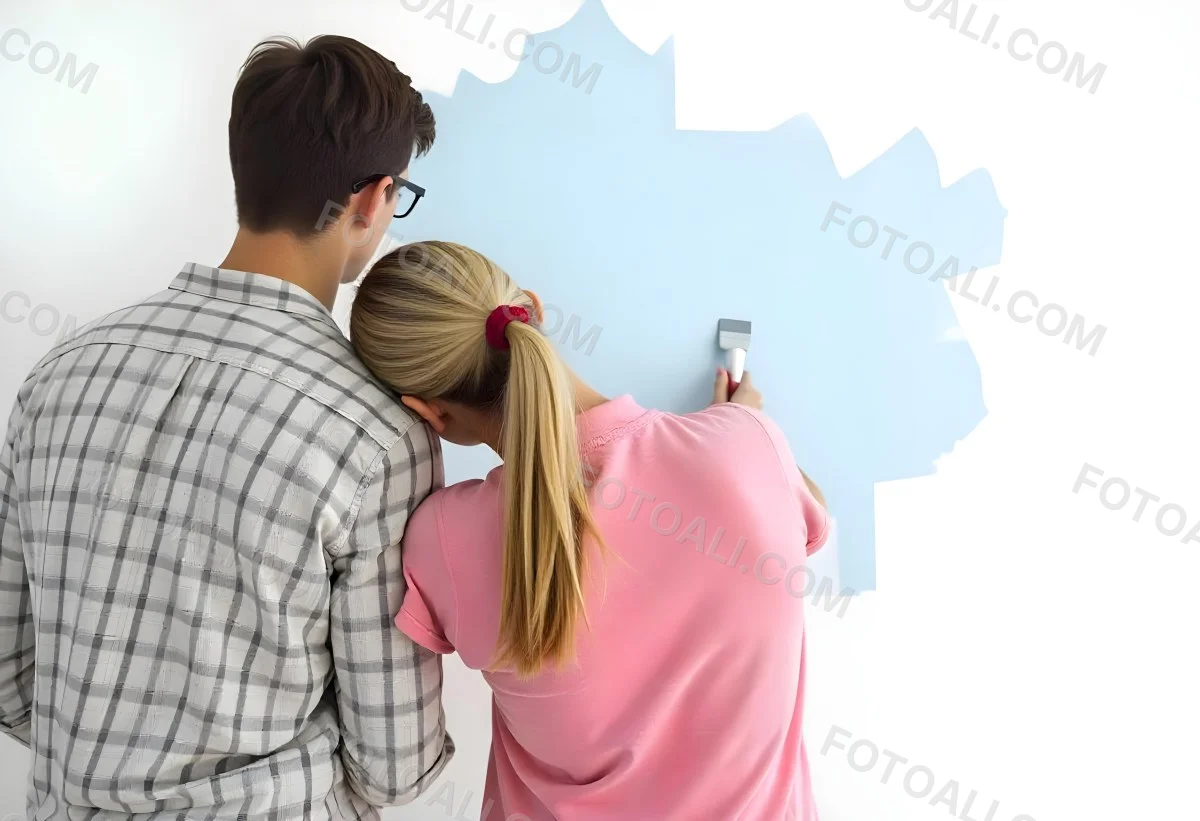 A Young Couple Painting A Wall Together In Their Home The Man Holding A Paint Roller And The Woman Standing Close Behind Her Daytime With Sunlight Streaming In In The Background 9 39e1