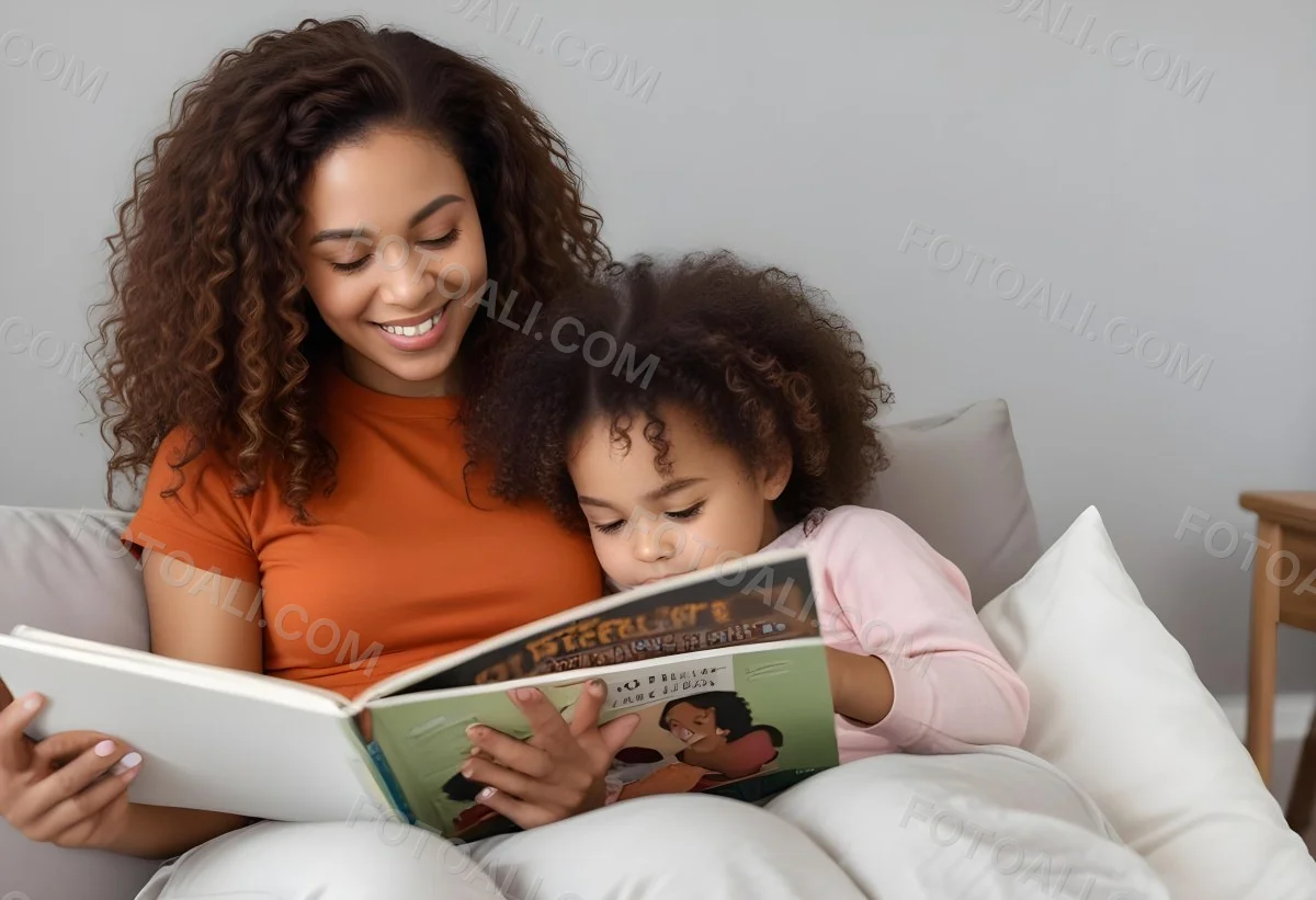 A Young Curly Haired African American Mother Reading A Book With Her Young Curly Haired African American Daughter On A Couch In A Brightly Lit Living Room 1 776b