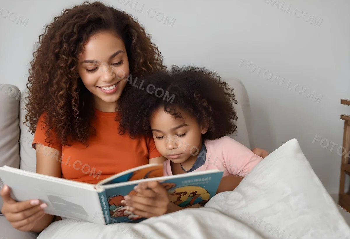 A Young Curly Haired African American Mother Reading A Book With Her Young Curly Haired African American Daughter On A Couch In A Brightly Lit Living Room 16 993e