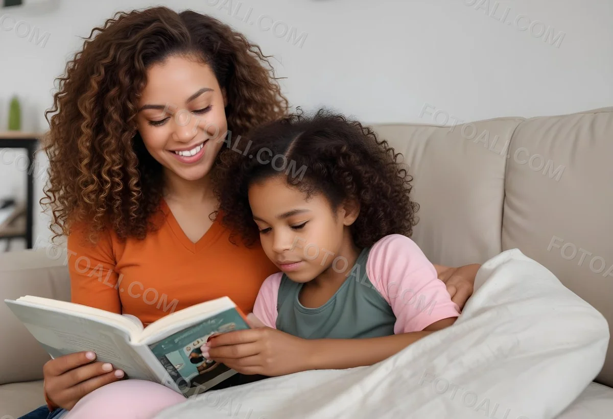 A Young Curly Haired African American Mother Reading A Book With Her Young Curly Haired African American Daughter On A Couch In A Brightly Lit Living Room 18 5612