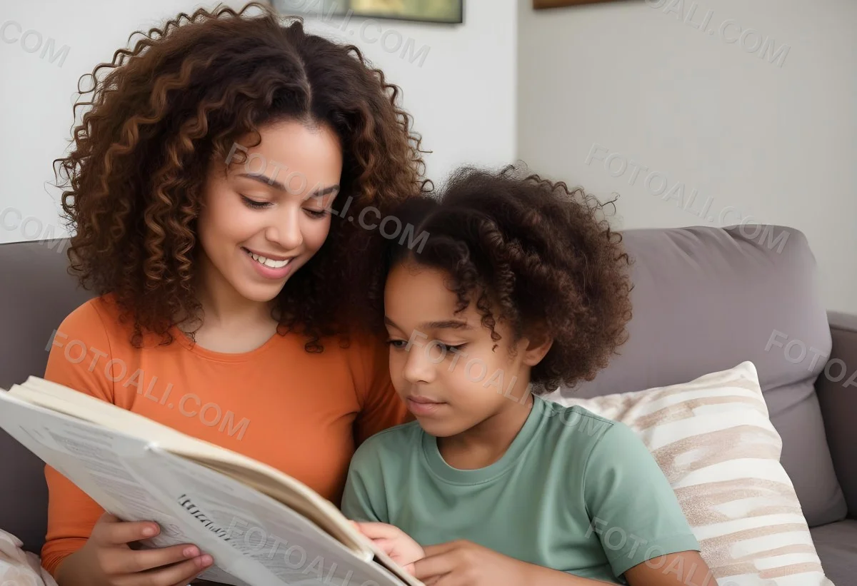 A Young Curly Haired African American Mother Reading A Book With Her Young Curly Haired African American Daughter On A Couch In A Brightly Lit Living Room 5 A3ec
