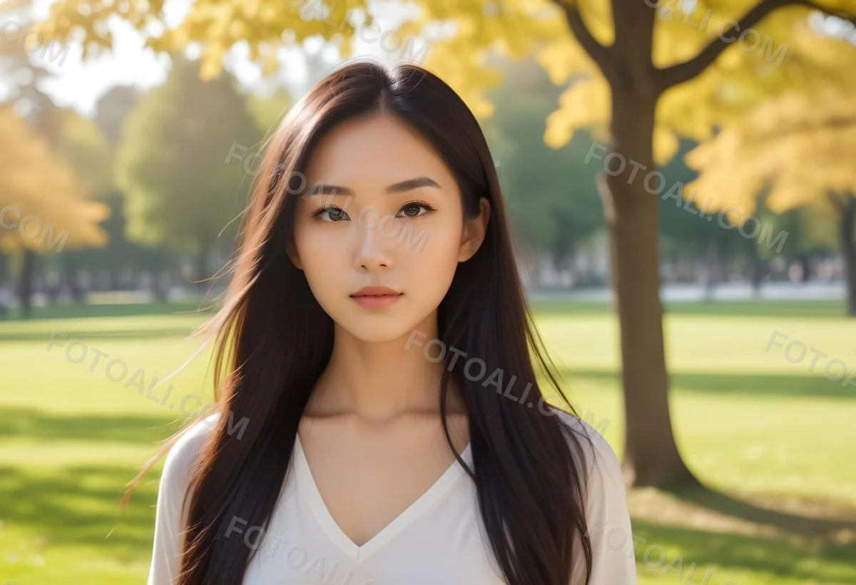 A Young East Asian Woman With Long Dark Hair Wearing A White Sweater Standing In A Park With Trees And A Lamp Post In The Background 1 Ce46