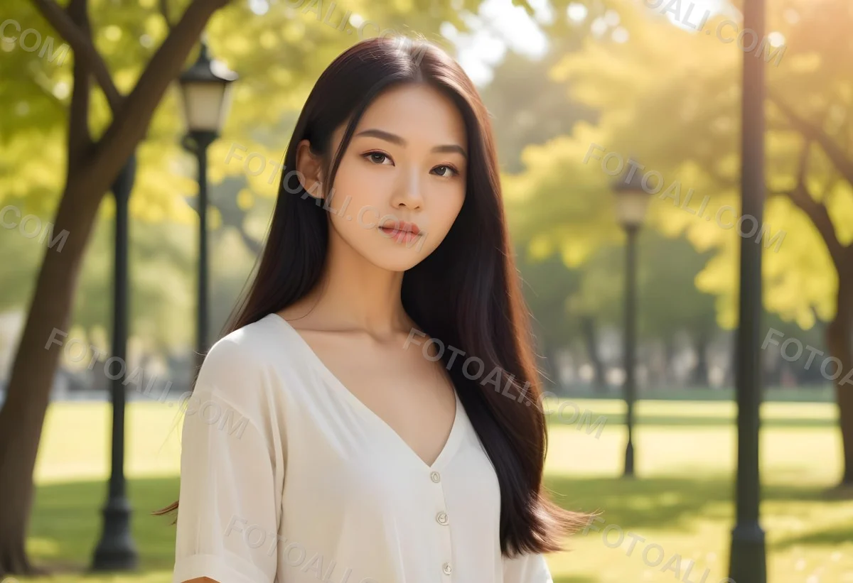 A Young East Asian Woman With Long Dark Hair Wearing A White Sweater Standing In A Park With Trees And A Lamp Post In The Background 2 7787