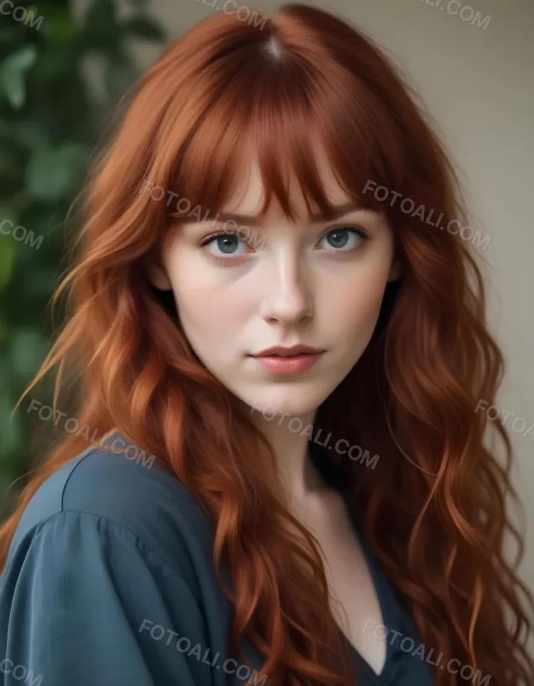 A Young Fair Skinned Woman With Long Wavy Red Hair And Bangs Wearing Minimal Makeup And Looking Directly At The Camera With A Slight Smile 13 F161