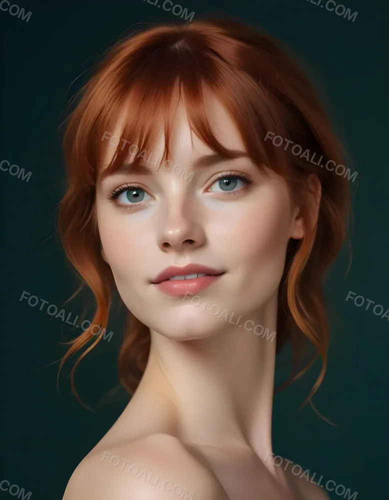 A Young Fair Skinned Woman With Long Wavy Red Hair And Bangs Wearing Minimal Makeup And Looking Directly At The Camera With A Slight Smile 27 A227