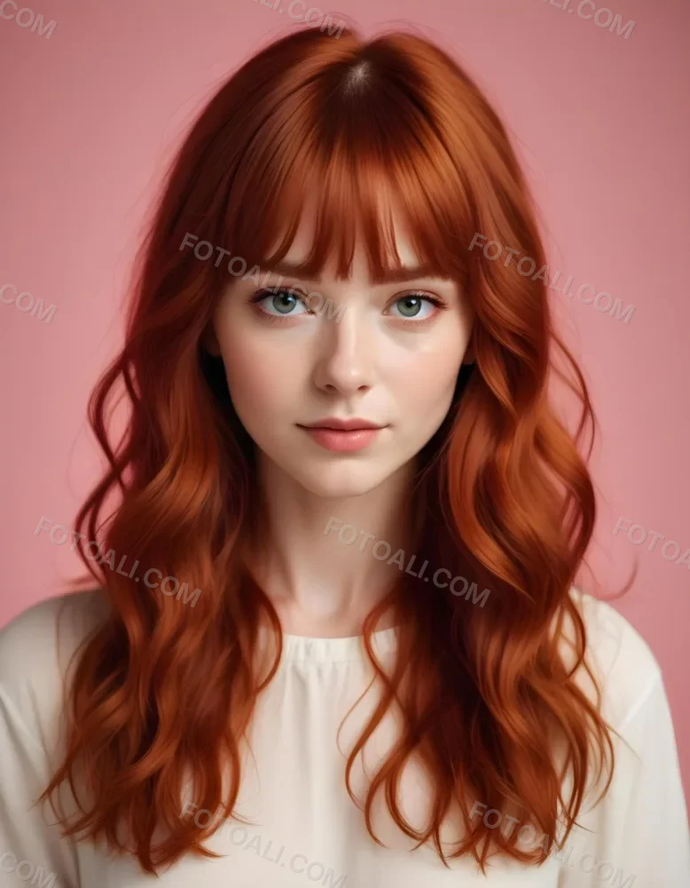 A Young Fair Skinned Woman With Long Wavy Red Hair And Bangs Wearing Minimal Makeup And Looking Directly At The Camera With A Slight Smile 7 14b2