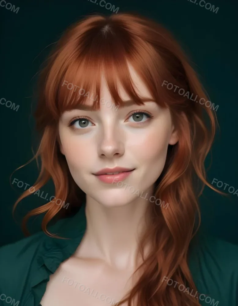 A Young Fair Skinned Woman With Long Wavy Red Hair And Bangs Wearing Minimal Makeup And Looking Directly At The Camera With A Slight Smile 8 F091