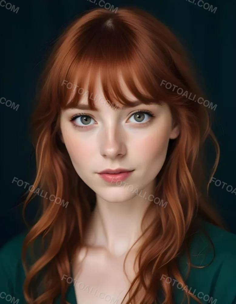 A Young Fair Skinned Woman With Long Wavy Red Hair And Bangs Wearing Minimal Makeup And Looking Directly At The Camera With A Slight Smile 9 3f36