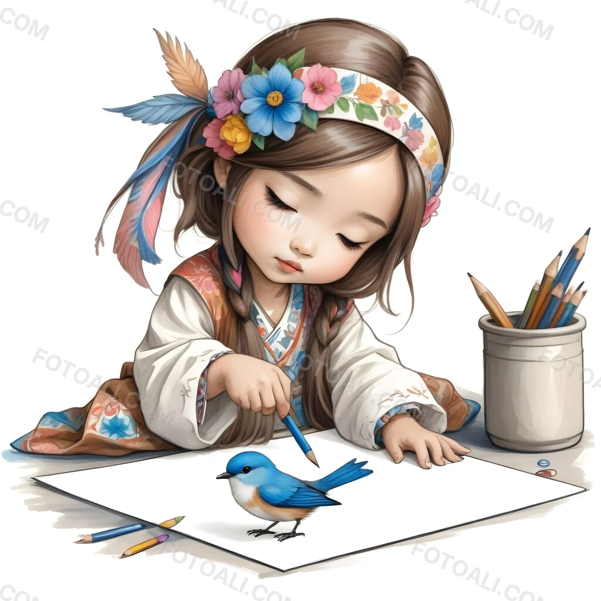 A Young Girl Approximately 6 Years Old With Light Skin And Long Brown Hair Is Sitting At A Table Drawing She Is Wearing A White Dress And A Floral Crown The Girl Is Focused On Her Artwork Whic 11 2f9e